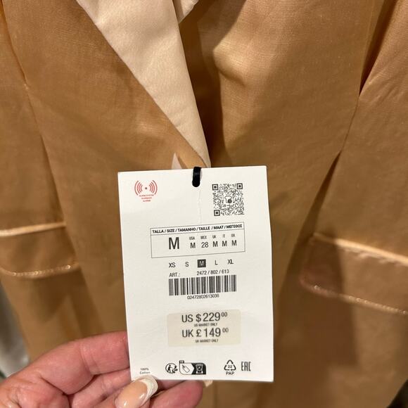 Zara Long Cream Coat Linen Blend Coat with Topstitching, - Picture 5 of 8